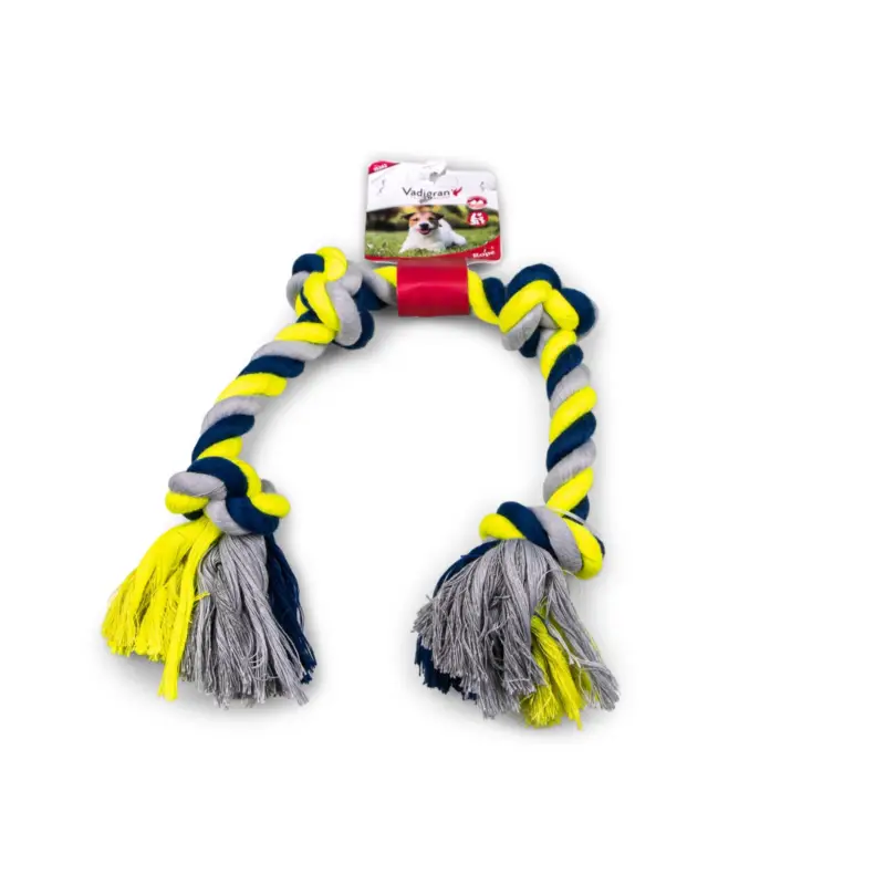 Corde coton Vadigran 4 nœuds bleu-jaune 260 g 58 cm pour chien Nouveauté