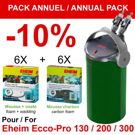 Seulement Aujourd&rsquo;hui EHEIM Pack Annuel Entretien Ecco Pro 130/200/300 – 6x Mousse+Ouate + 6x Charbon Actif (-10%)