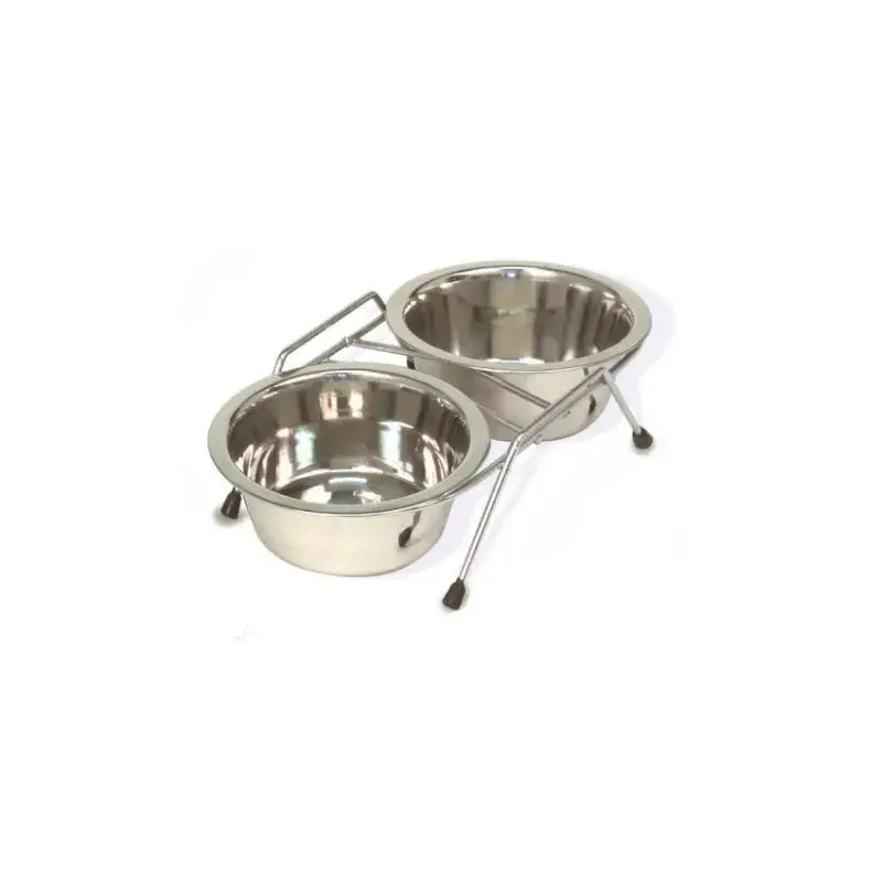 Meilleur Prix Mangeoire Inox Double avec Support à Poser au Sol – 2 x Ø13 cm