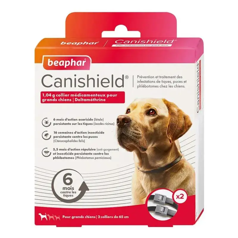 Promotion Canishield L 65 cm – Pack de 2 Colliers Anti Puces, Tiques et Moustiques pour Grand Chien(1 An de Protection)