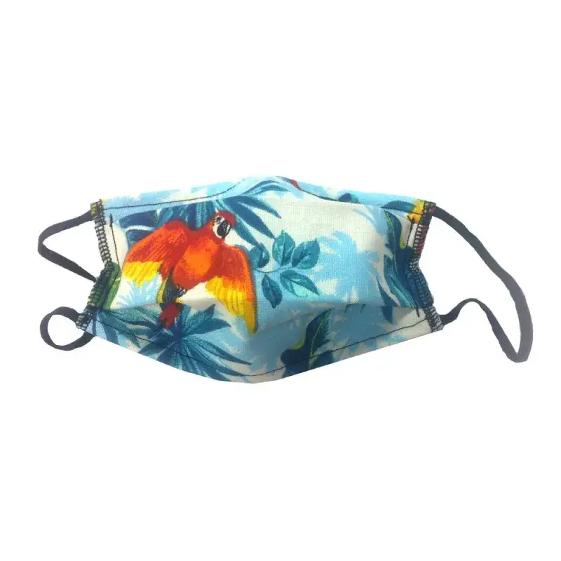 Masque en Tissu Lavable – Bleu Turquoise Motif Perroquets – Taille Enfant Prix Promo