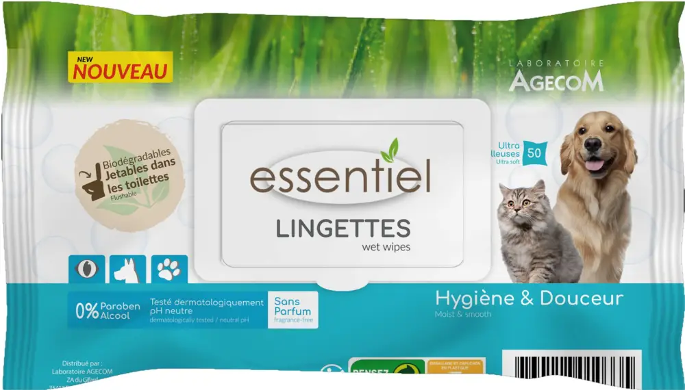 Certifié Essentiel – Lingettes Sans Parfum 0% Paraben pour Chien et Chat – x40