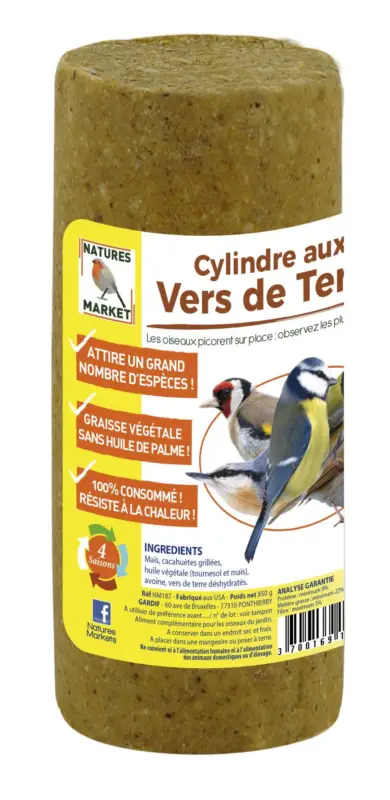Super Prix Natures Markets – Cylindre Graisse V&eacute;g&eacute;tale aux Vers de Terre pour Oiseaux du Ciel – 850g