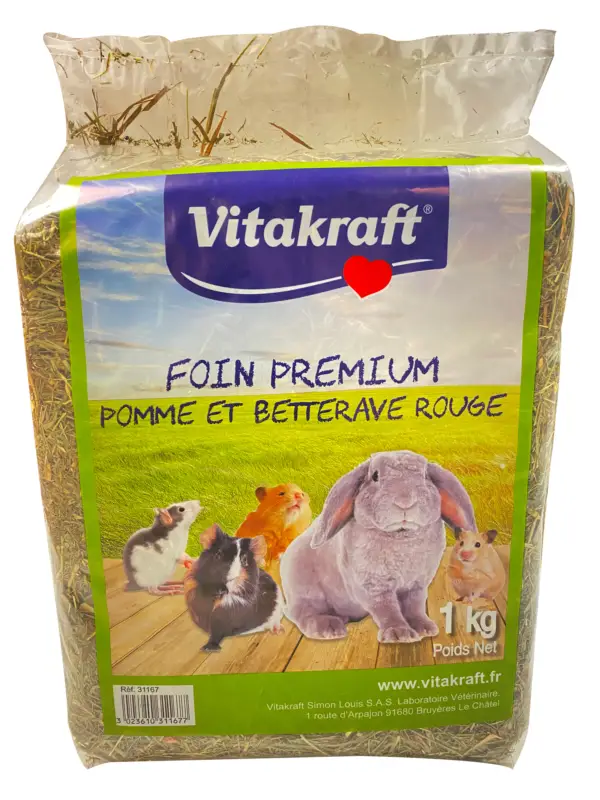 Vitakraft - Foin Premium Pomme et Betterave Rouge pour Rongeurs - 1Kg Satisfait Ou Remboursé