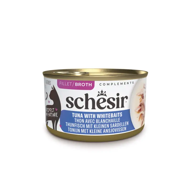Commande En Gros Schesir – Bo&icirc;te P&acirc;t&eacute;e au Thon avec Blanchailles en Bouillon pour Chat – 70g