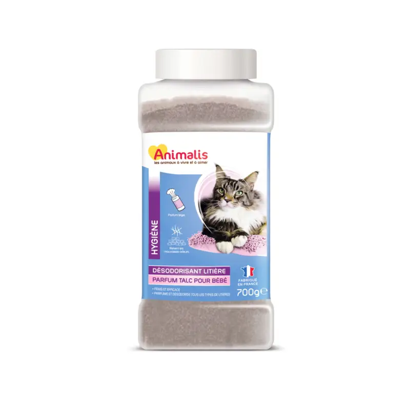 Produit De Marque Animalis – D&eacute;sodorisant pour Liti&egrave;re Parfum Talc B&eacute;b&eacute; pour Chat – 700g