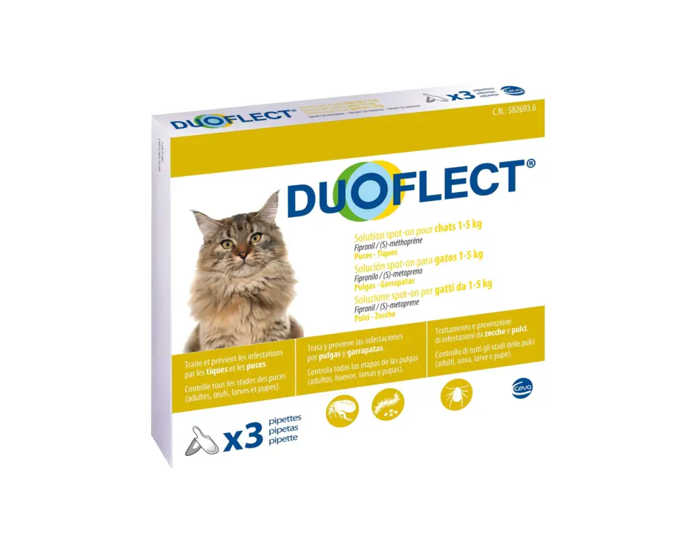 Duoflect - Pipettes Antiparasitaire de 1 à 5Kg pour Chat - x3 Vente Directe