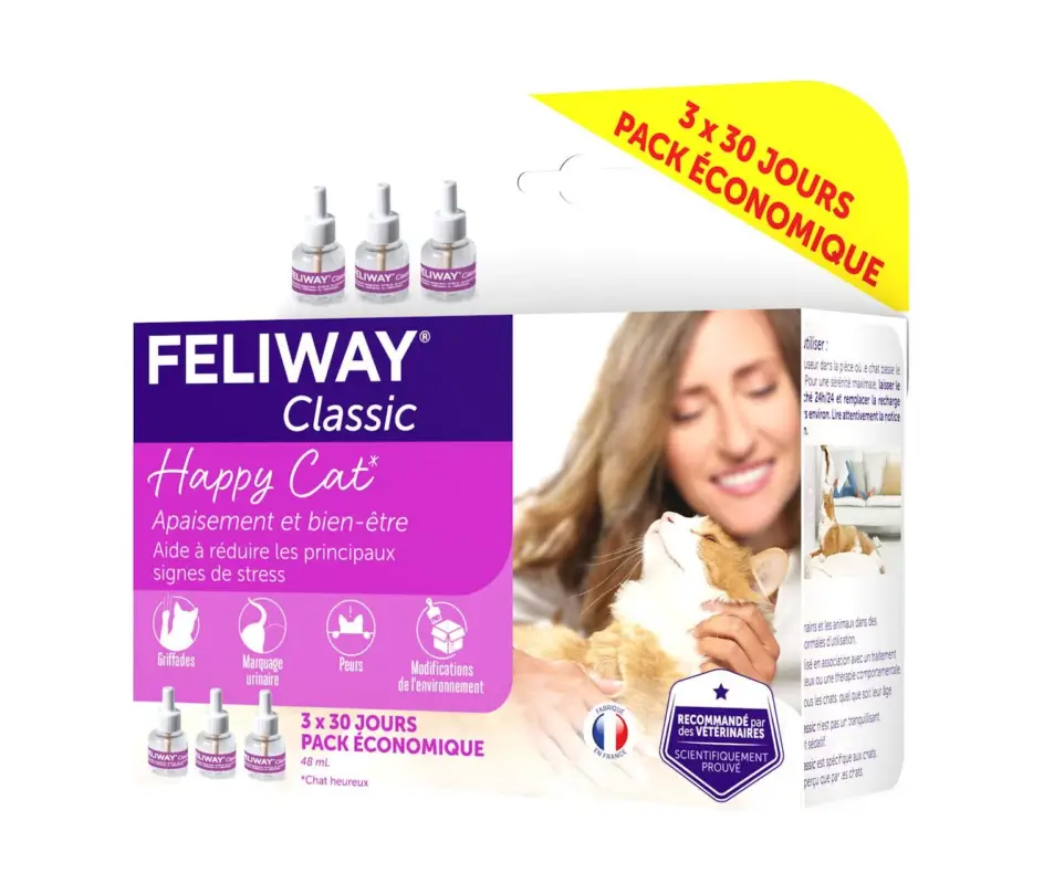 Expédition Rapide Feliway Classic – Lot Recharge 30J pour le Stress du Chat – 3x48ml