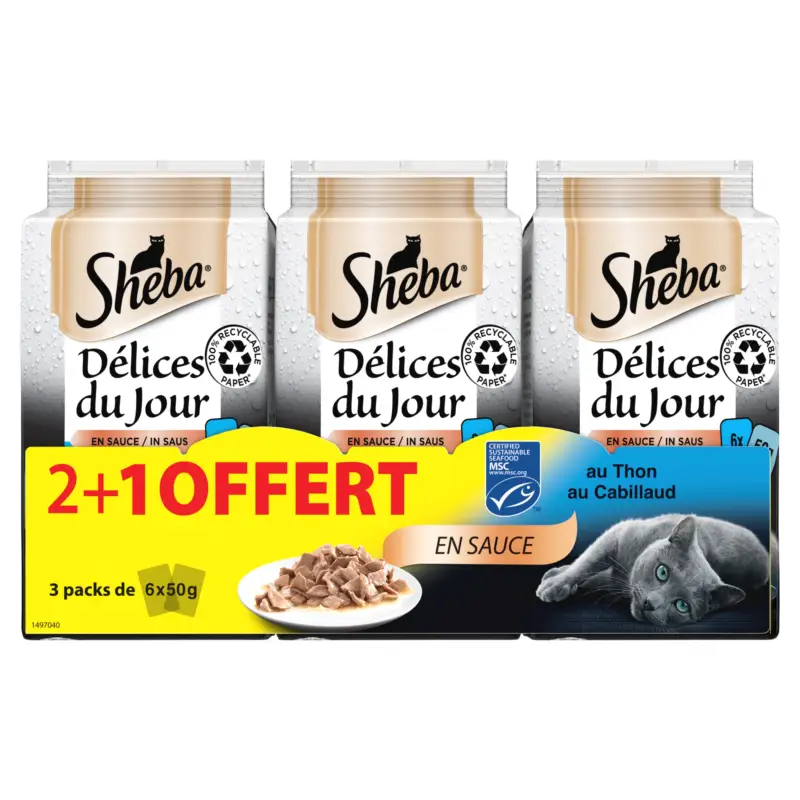 Sheba - Sachets Délices du Jour en Sauce aux Poissons pour Chat - 3x300g dont 1 Gratuits Nouvel Arrivage