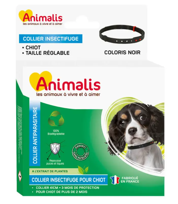 Dernier Modèle Animalis - Collier Antiparasitaire Noir pour Chiot - 41cm