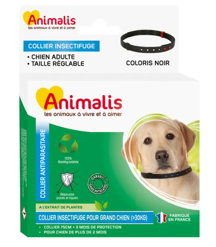 Dernier Modèle Animalis - Collier Antiparasitaire Noir pour Grand Chien - 75cm