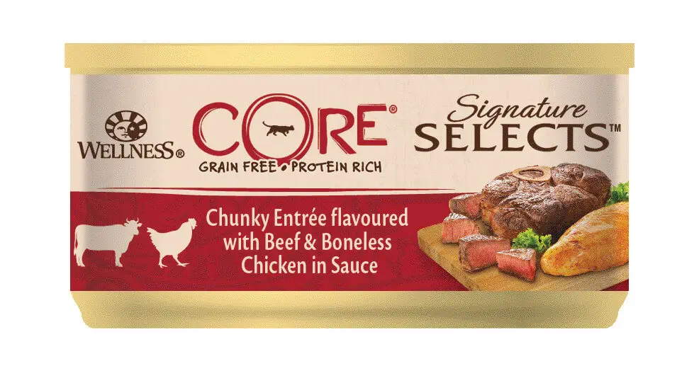 Nouvelle Collection Wellness CORE – P&acirc;t&eacute;e Signature Selects B&oelig;uf et Poulet pour Chat – 79g