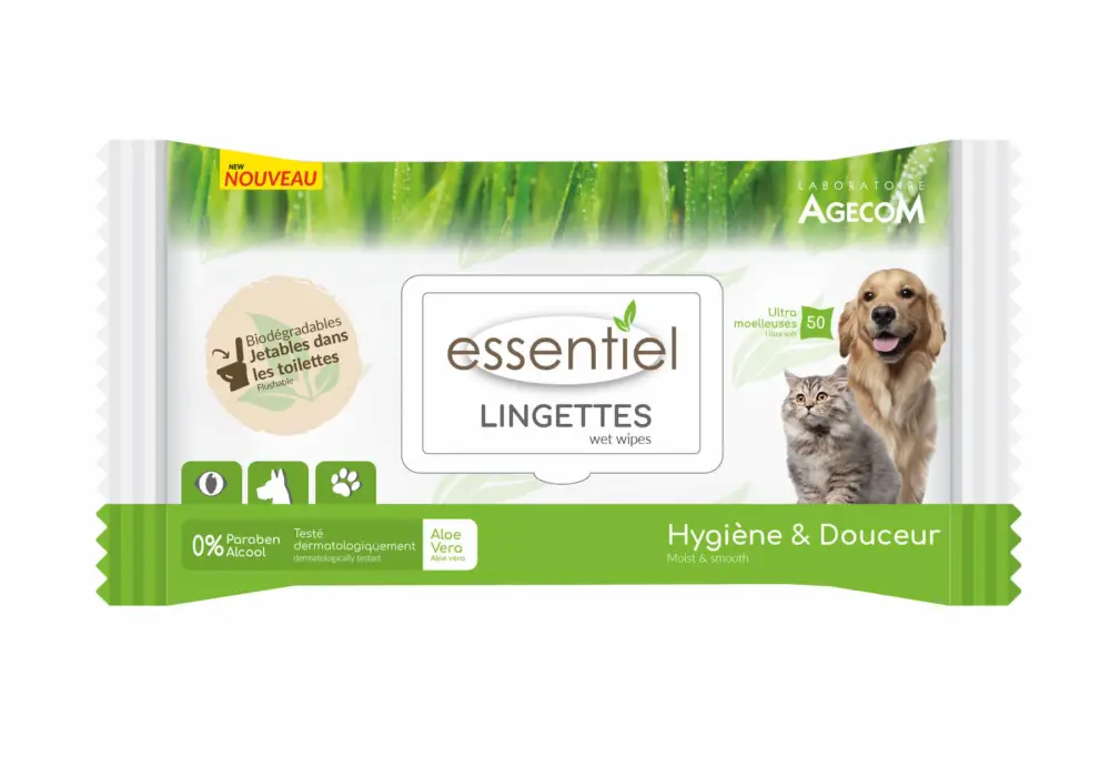 Réduction Essentiel - Lingettes Aloe Vera 0% Paraben pour Chien et Chat - x40