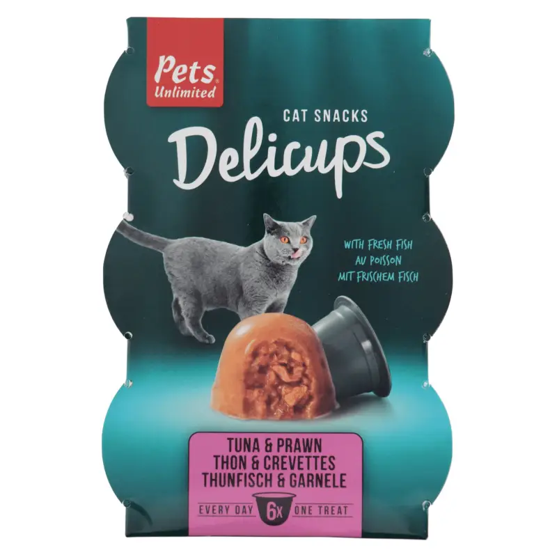 Paiement Sécurisé Pets Unlimited – Friandises Delicups au Thon et Crevettes pour Chat – 6x22g