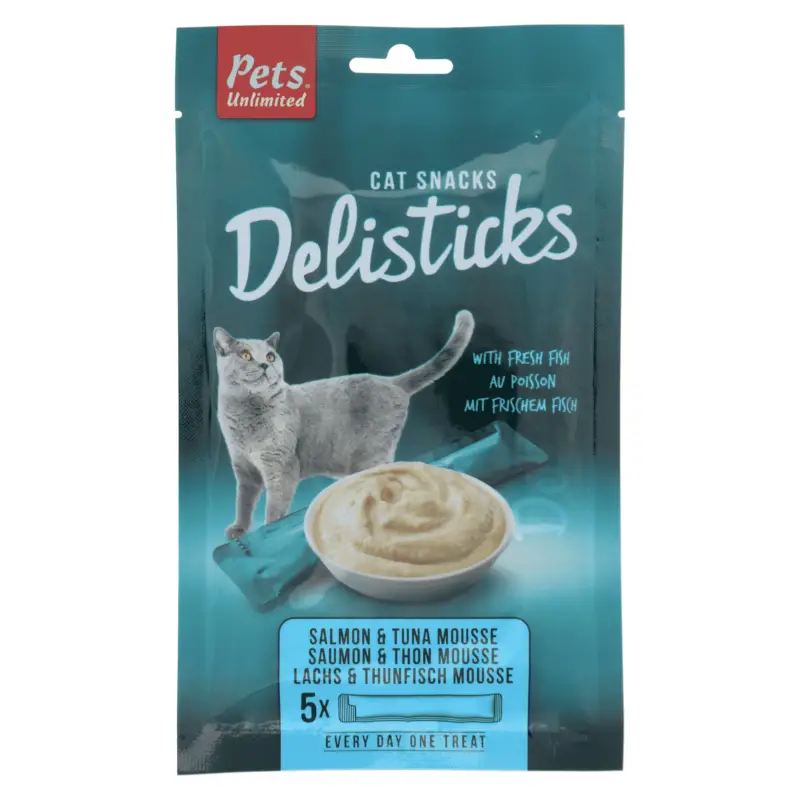 Certifié Pets Unlimited - Friandises Delisticks Mousse Saumon et Thon pour Chat - 5x14g