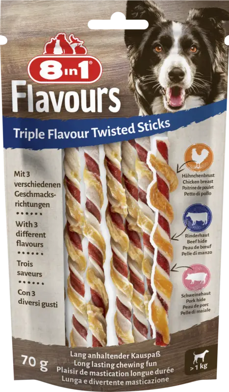 8in1 – Friandises Sticks b&acirc;tonnets Torsad&eacute;s Triple Flavour Twisted &agrave; M&acirc;cherpour Chien – x10 Solde