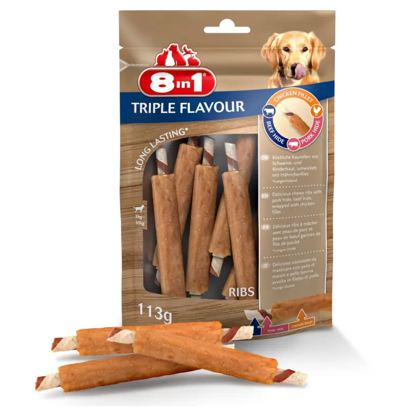 Meilleur Choix 8in1 -Friandises Triple Flavour Ribs Travers &agrave; M&acirc;cher pour Chien – x6