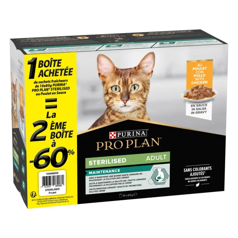 Solde Pro Plan – Pochons Adult Sterilised Maintenance Poulet Sauce – 10x85g la 2&egrave;me &agrave; -60%