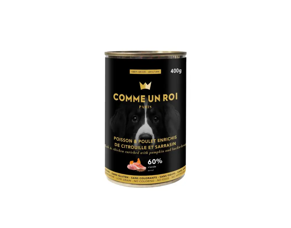 Comme Un Roi - Pâtée au Poisson et Poulet Enrichis de Citrouille et Sarrasin pour Chien - 400g Produit De Marque