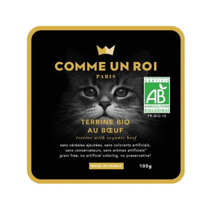 Comme Un Roi – Terrine Bio au Boeuf pour Chat – 100g Vente Directe