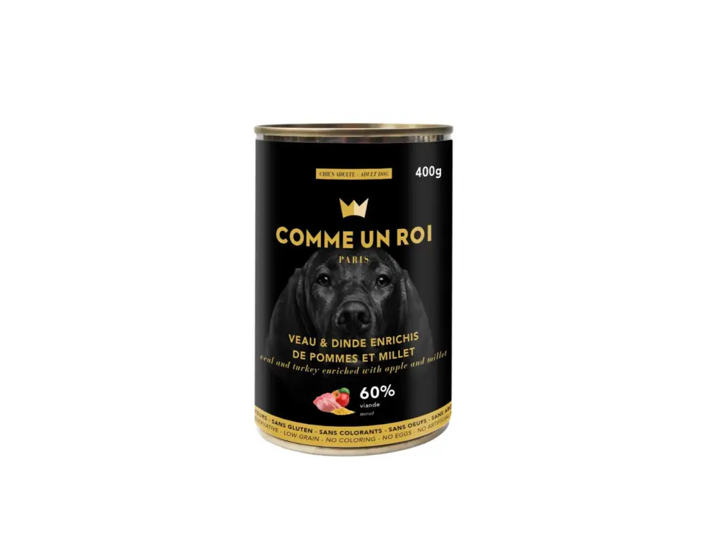 Prix Bas Comme Un Roi - Pâtée au Veau et à la Dinde Enrichis de Pommes et Millet pour Chien - 400g