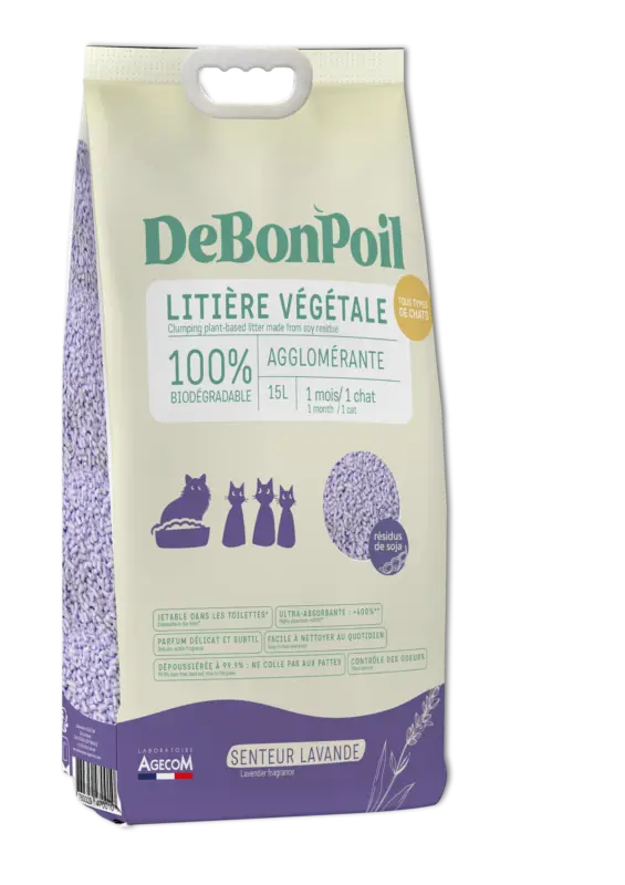 Dernier Modèle DeBonPoil – Liti&egrave;re V&eacute;g&eacute;tale Agglom&eacute;rante &agrave; la Lavande pour Chat – 6Kg