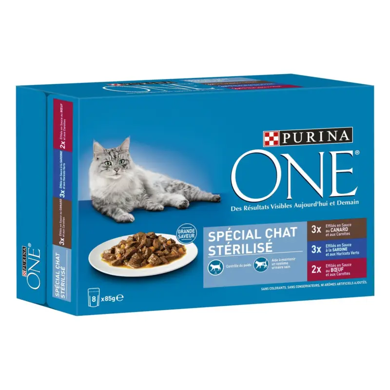 Certifié Purina One – Multipack Effil&eacute;s en Sauce 3 Vari&eacute;t&eacute;s pour Chat St&eacute;rilis&eacute; – 8x85g