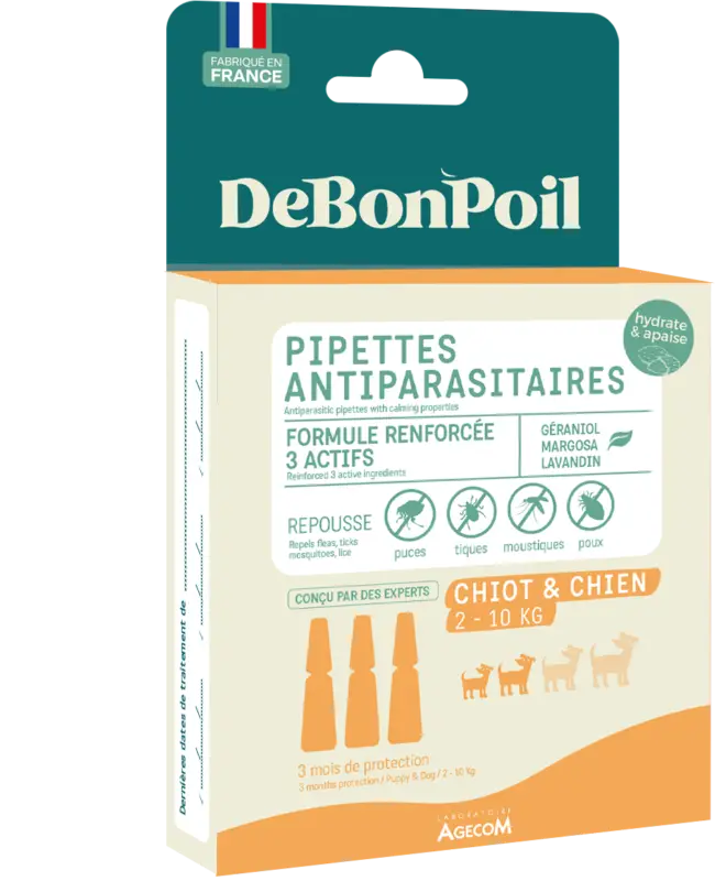 DeBonPoil – Pipettes Antiparasitaires et Apaisantes pour Chiot et Petit Chien – x3 Top Vente