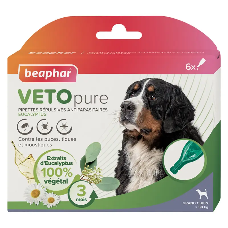 Certifié Beaphar – Pipettes Antiparasitaires VETOpure Eucalyptus pour Grands Chiens – 6x2ml
