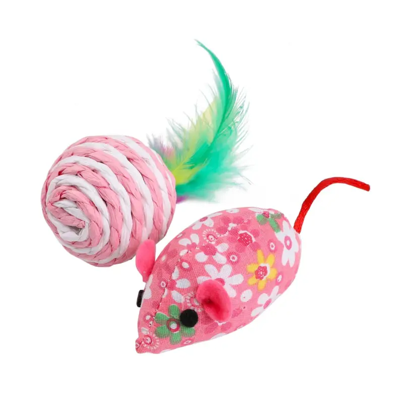 Wouapy -Jouet Souris + Balle Sisal &agrave; Plumes pour Chat – 18cm Vente Directe