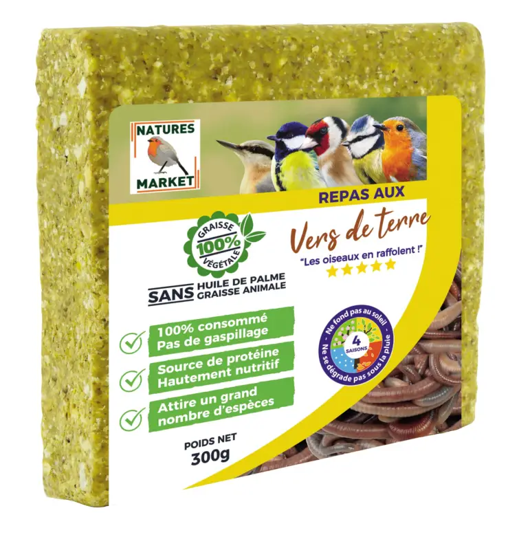 Prix Réduit Natures Market – Graisse V&eacute;g&eacute;tale aux Vers de Terre pour Oiseaux des Jardins – 300g