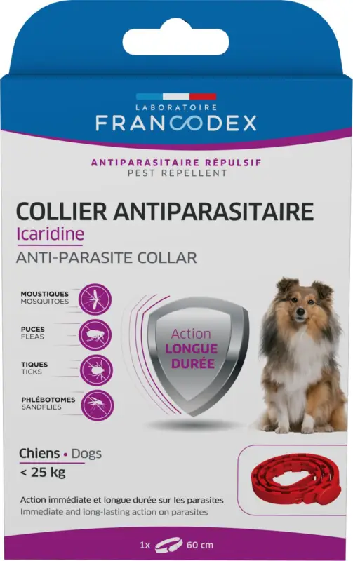 Nouvelle Collection Francodex – Collier Antiparasitaire Icardine pour Petits et Moyens Chiens – Rouge