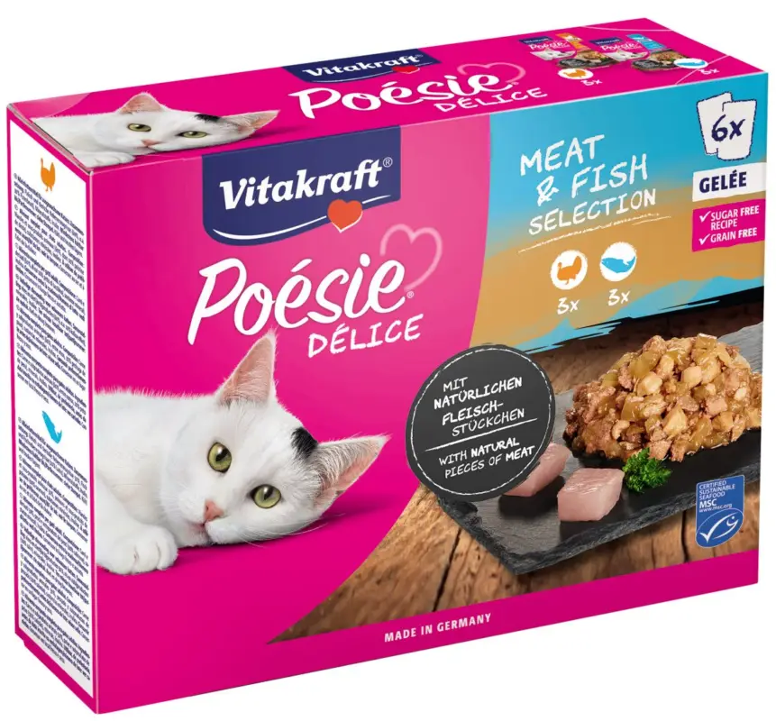Vitakraft – Multipack Po&eacute;sie D&eacute;lice en Gel&eacute;e Viande et Poisson pour Chats – 6x85g Réduction