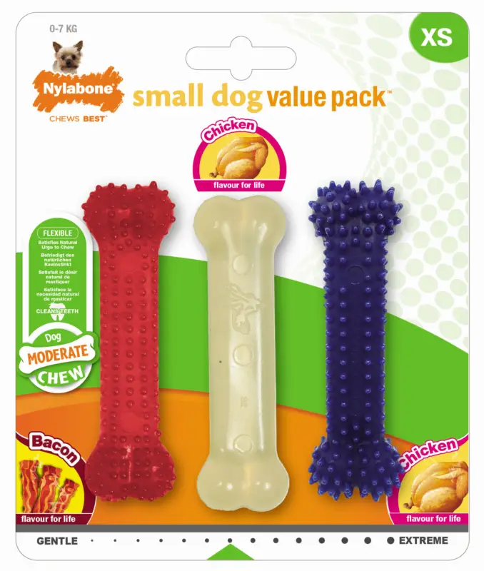 Promotion Saisonnière Nylabone – Jouet Os &agrave; M&acirc;cher Small Dog XS Poulet Bacon pour Chiens – x3
