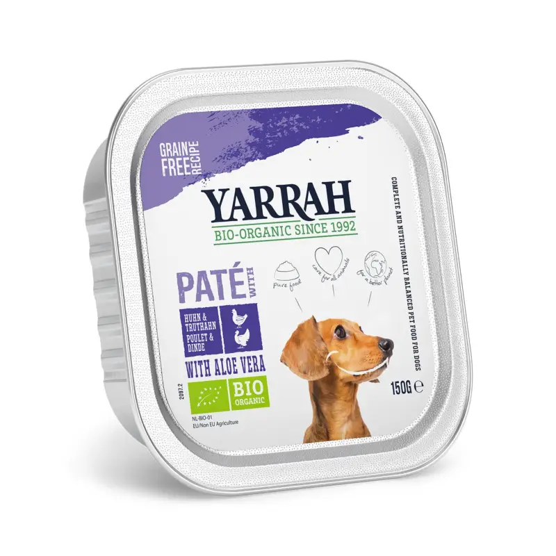 Prix Cassé Yarrah – P&acirc;t&eacute;e Bio Sans C&eacute;r&eacute;ales Poulet et Dinde pour Chiens – 150g