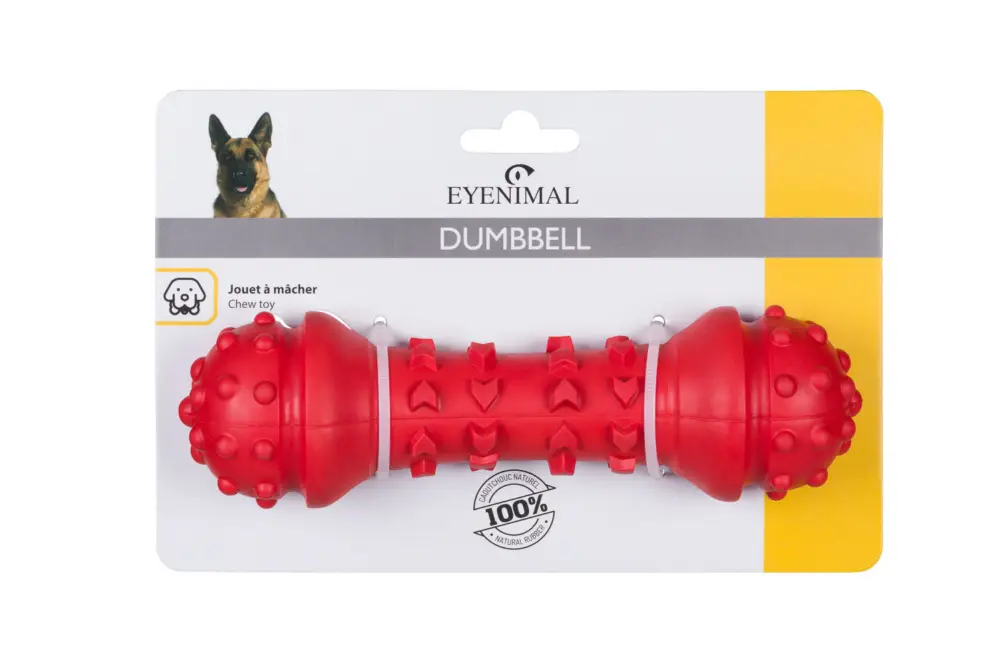 Certifié Eyenimal – Jouet DUMBBELL &agrave; M&acirc;cher en Caoutchouc pour Chiens – 18cm