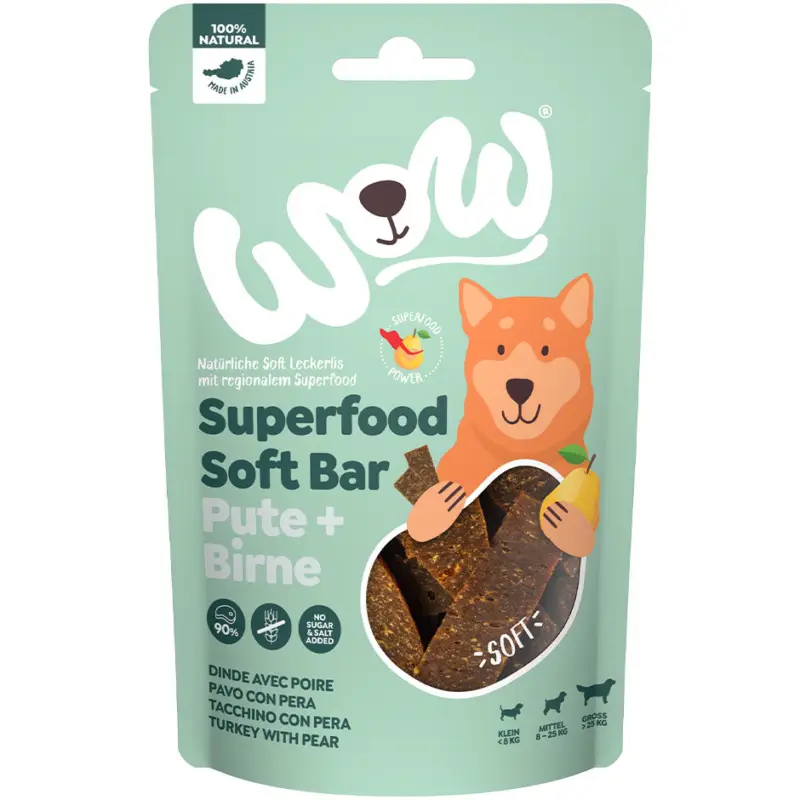 Wow – Friandises Barre Superfood Dinde Poire pour Chiens – 150g Offre Spéciale