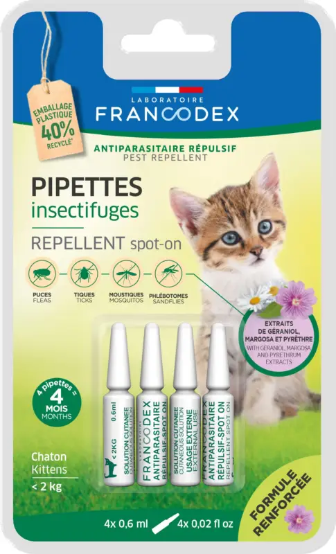 Commander Maintenant Francodex – Pipettes Antiparasitaires R&eacute;pulsives pour Chatons – x4