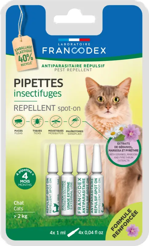 Francodex – Pipettes Antiparasitaires R&eacute;pulsives pour Chats – x4 Prix Choc