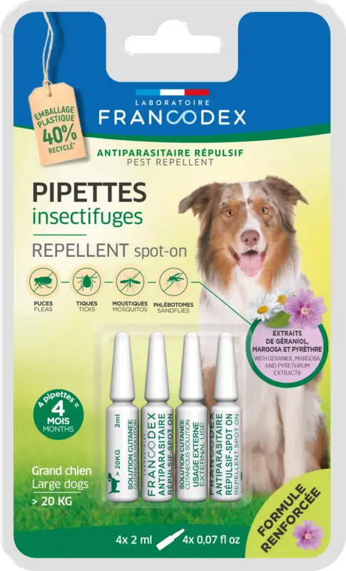 Nouvelle Collection Francodex – Pipettes Antiparasitaires R&eacute;pulsives pour Grands Chiens – x4