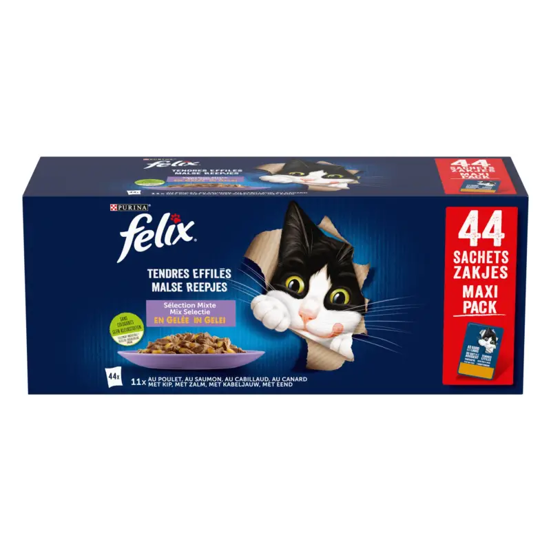 Acheter En Ligne FELIX – Sachets Fra&icirc;cheur Tendres Effil&eacute;s en Gel&eacute;e S&eacute;lection Mixte pour Chats – 44x85g