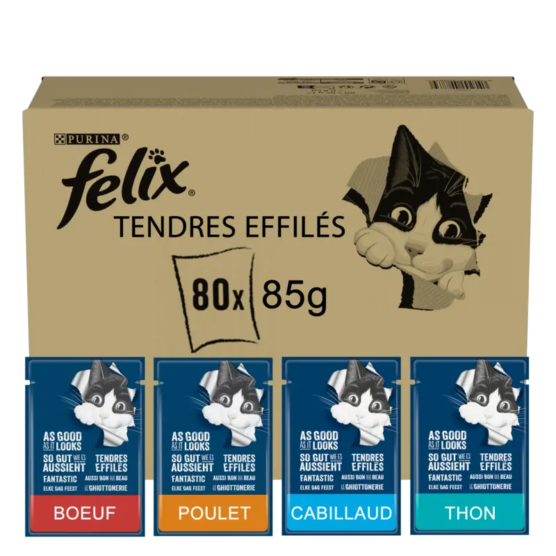 Paiement Sécurisé Felix – Tendres Effil&eacute;s en Gel&eacute;e S&eacute;lection Mixte B&oelig;uf Poulet Cabillaud Thon pour Chats – 80x85g