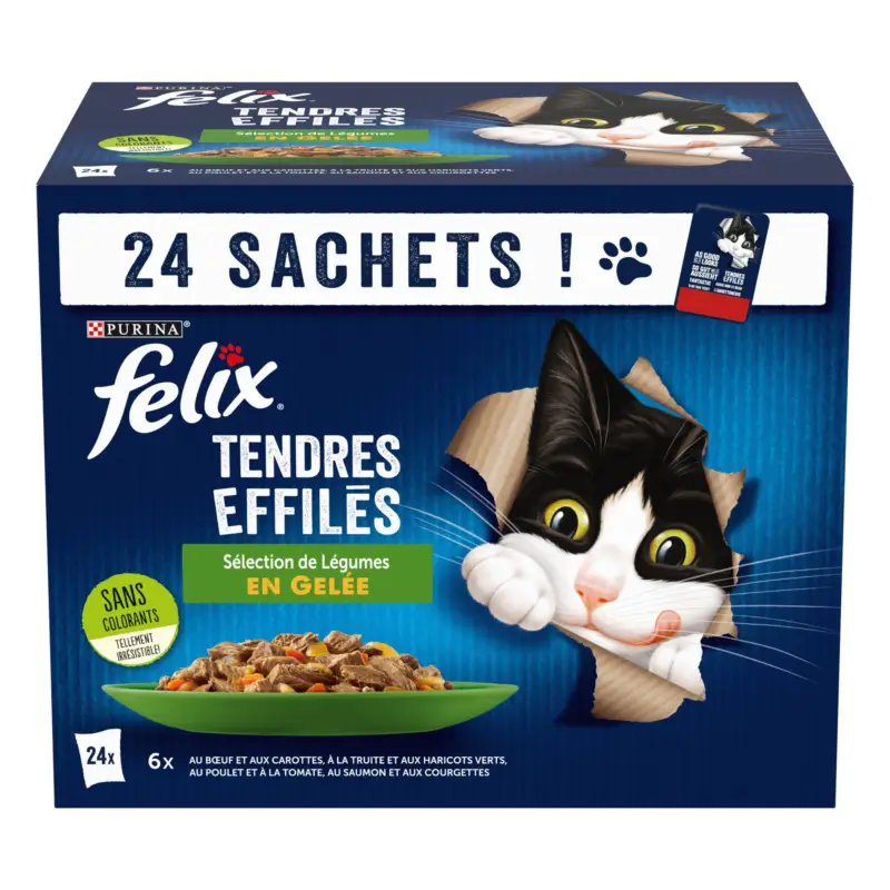 Pas Cher FELIX – Sachets fra&icirc;cheur Tendres Effil&eacute;s Gel&eacute;e Mixte avec L&eacute;gumes pour Chats – 24x85g