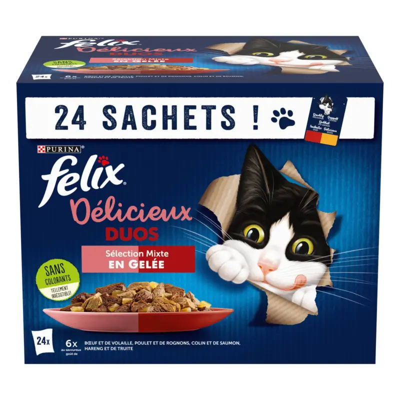 FELIX – Sachets fra&icirc;cheurs D&eacute;licieux Duos en Gel&eacute;e Mixte Boeuf poulet Poisson pour Chats- 24x85g Promotion Saisonnière