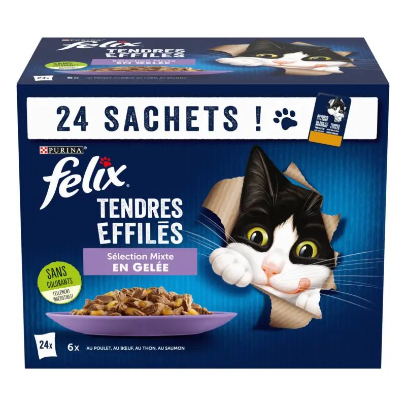 FELIX – Sachets fra&icirc;cheurs Tendres Effil&eacute;s en Gel&eacute;e Mixte pour Chats – 24x85g Affaire À Saisir