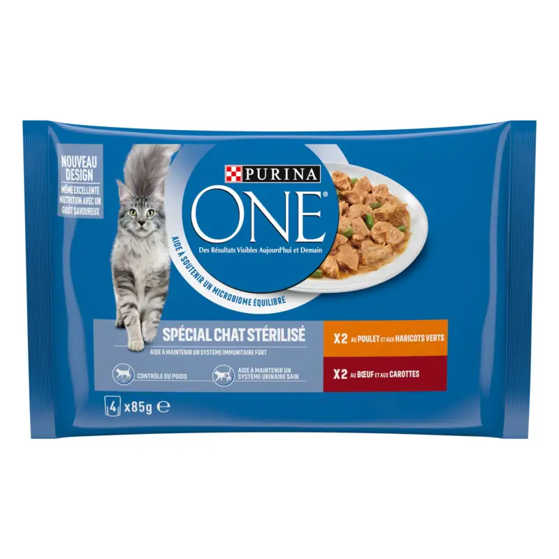 Seulement Aujourd&rsquo;hui PURINA ONE – Sachets fra&icirc;cheurs Poulet et Boeuf pour Chats St&eacute;rilis&eacute;s – 4x85g
