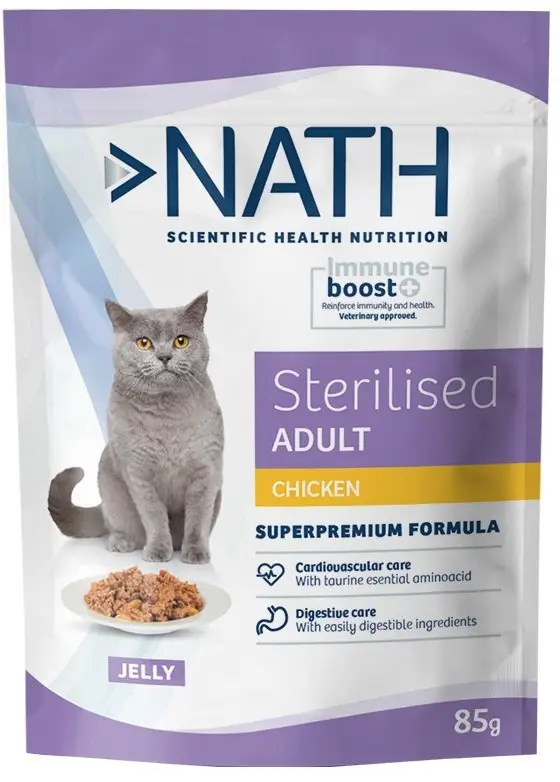 Nath – P&acirc;t&eacute;e Jelly Immune boost+ Sterilised Poulet pour Chats – 85g Nouvelle Collection