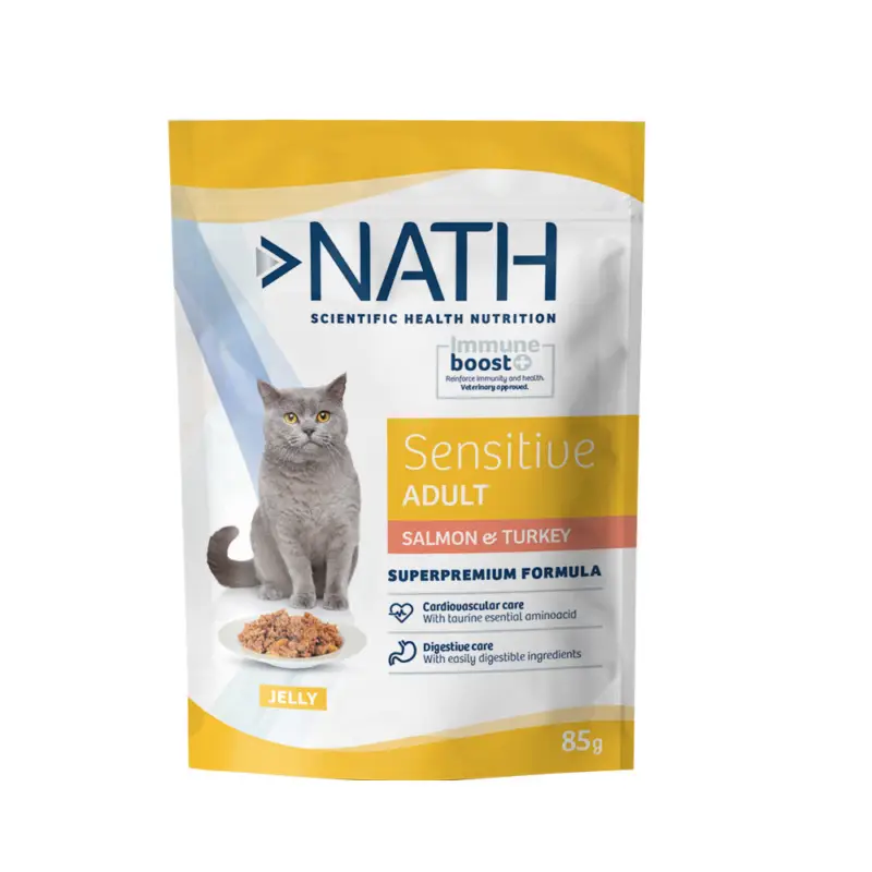 Nouvel Arrivage Nath – P&acirc;t&eacute;e Jelly Immune boost+ Sensitive Saumon et Dinde pour Chats – 85g