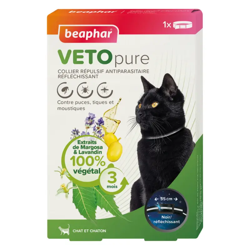 Beaphar – VETOpure collier r&eacute;pulsif antiparasitaire r&eacute;fl&eacute;chissant pour chat et chaton – Noir Affaire À Saisir