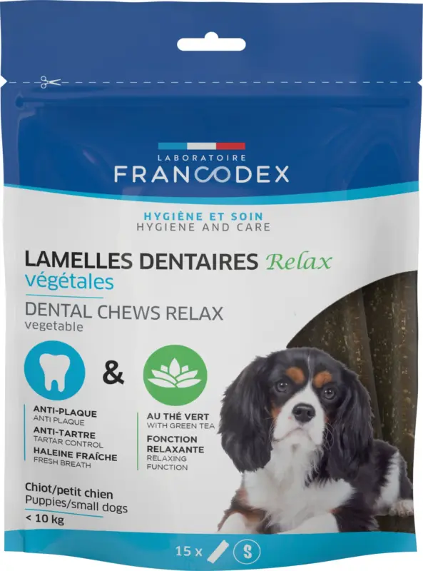 Produit De Marque Francodex – Lamelles Dentaires RELAX &agrave; M&acirc;cher pour Chiots et Petits Chiens – x15